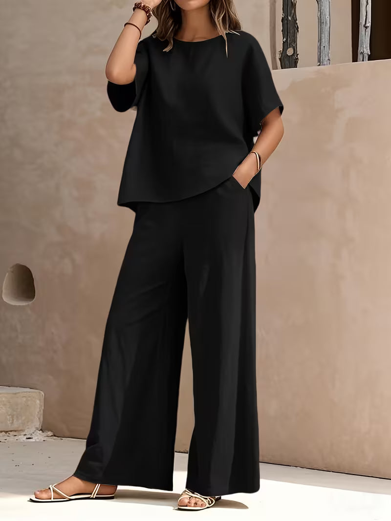 Josy - Ensemble Pantalon à Jambes Larges et Haut à Manches Courtes