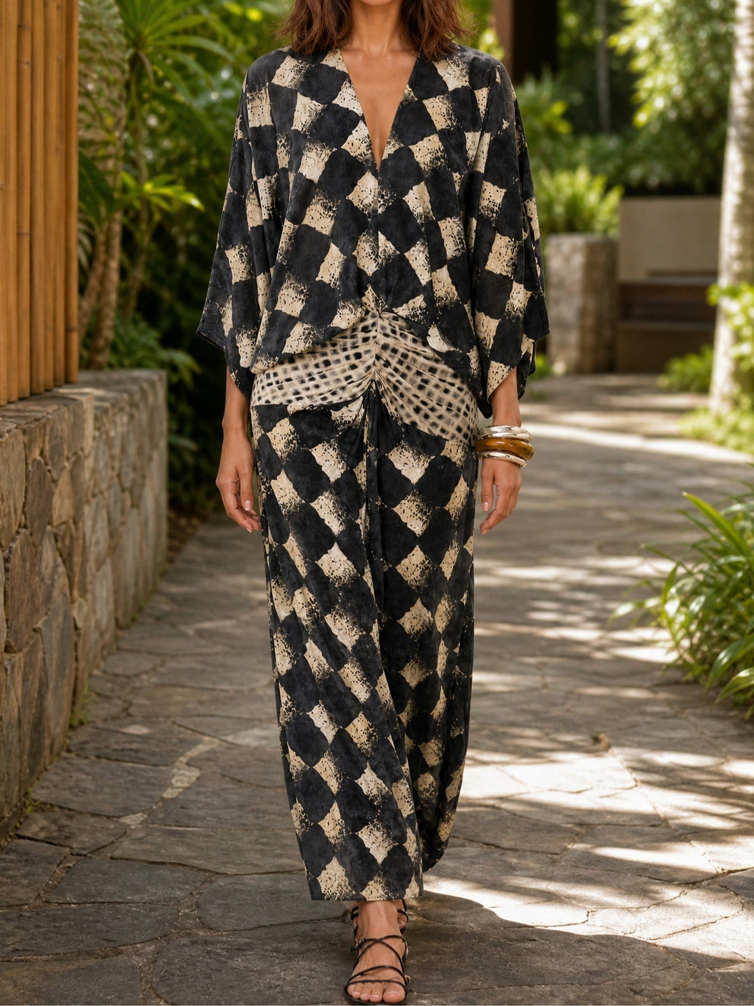 Meeria - Robe Longue Ample À Col en V Et Imprimé