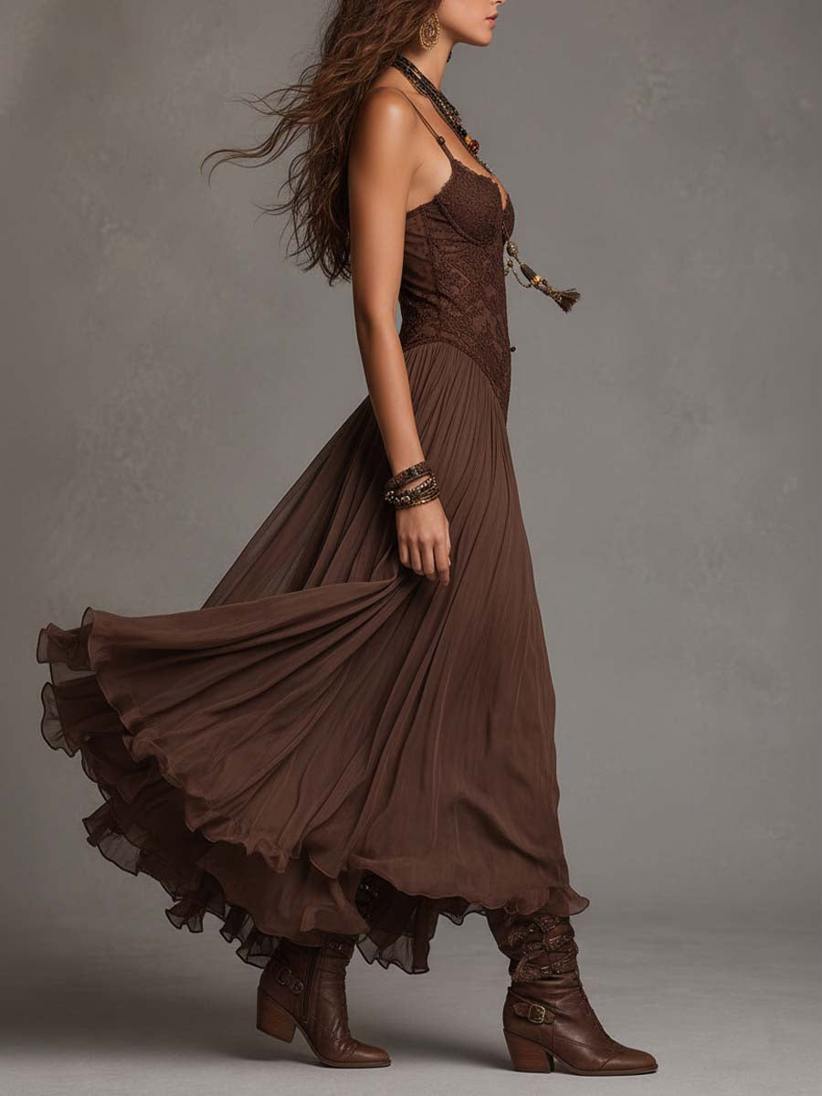 Serisha - Robe Longue Fluide À Corsage en Dentelle