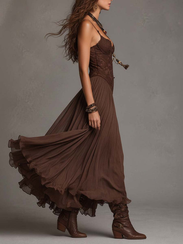 Serisha - Robe Longue Fluide À Corsage en Dentelle