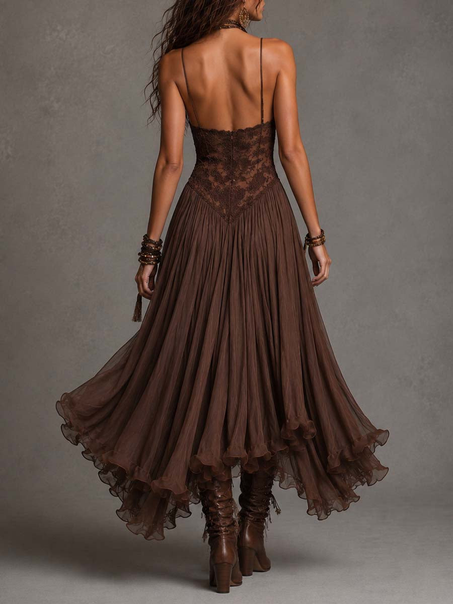 Serisha - Robe Longue Fluide À Corsage en Dentelle