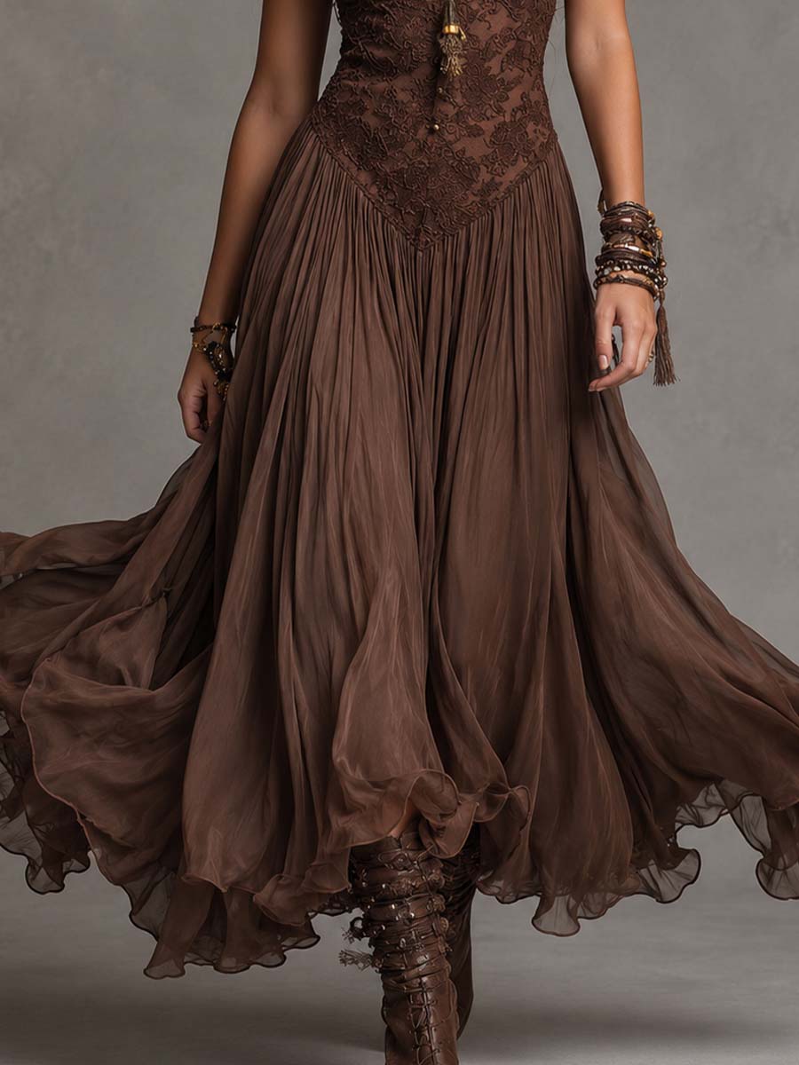 Serisha - Robe Longue Fluide À Corsage en Dentelle