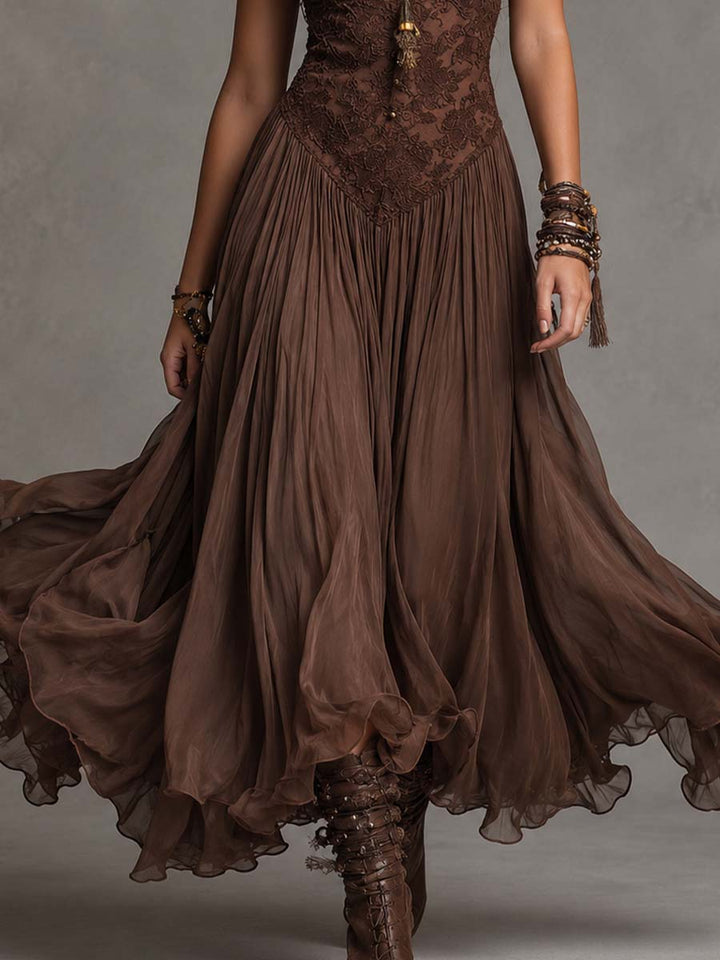 Serisha - Robe Longue Fluide À Corsage en Dentelle