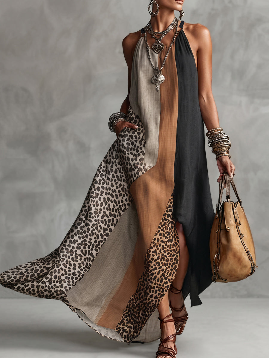 Terina - Robe Longue À Empiècements Imprimé Léopard