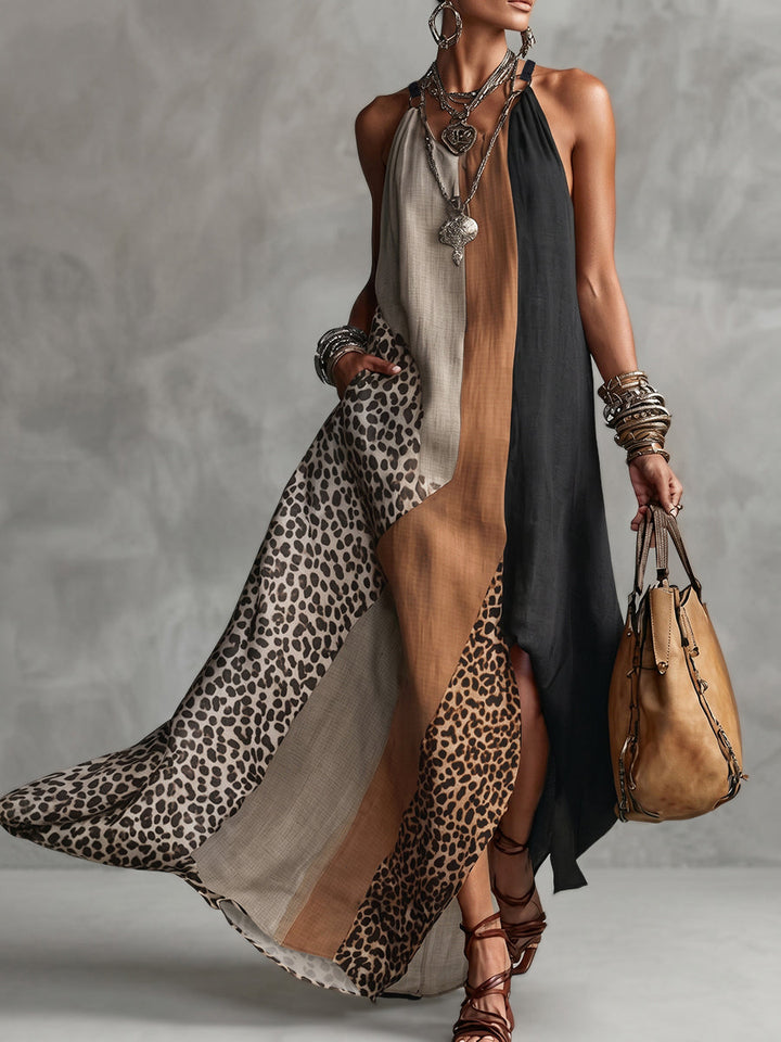 Terina - Robe Longue À Empiècements Imprimé Léopard