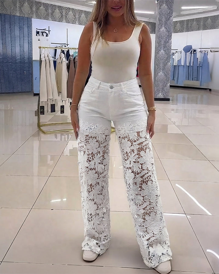 Erija - Jean Taille Haute Avec Empiècements en Dentelle À Motifs Floraux
