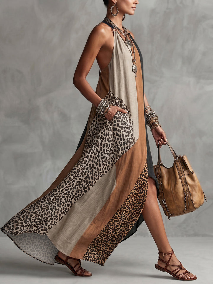 Terina - Robe Longue À Empiècements Imprimé Léopard
