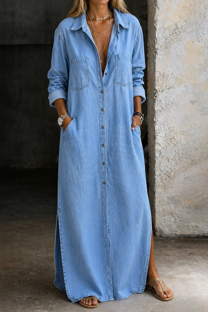 Noshina - Robe Longue en Denim À Boutons Sur Le Devant