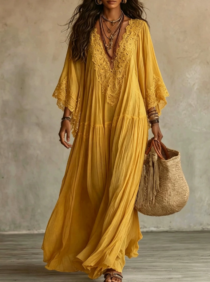 Ainura - Robe Longue en Mousseline Ivoire Et Dentelle