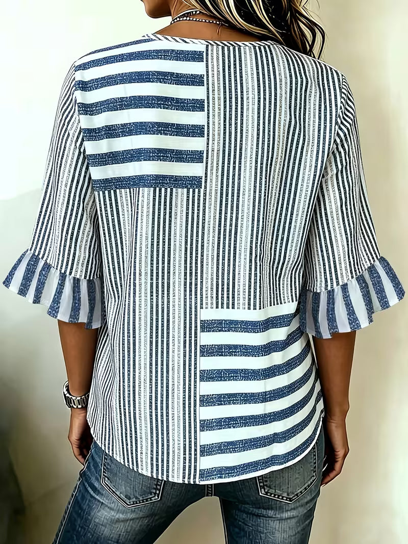 Avyra - Haut À Boutons, Manches À Volants Et Motif Patchwork Rayé