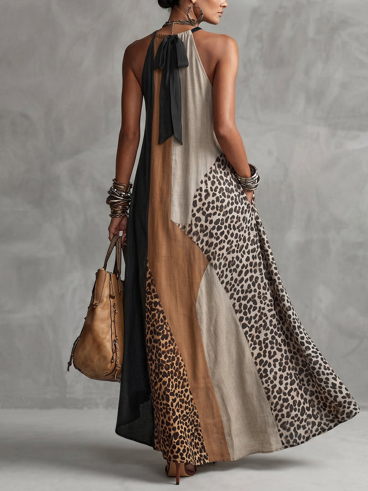 Terina - Robe Longue À Empiècements Imprimé Léopard