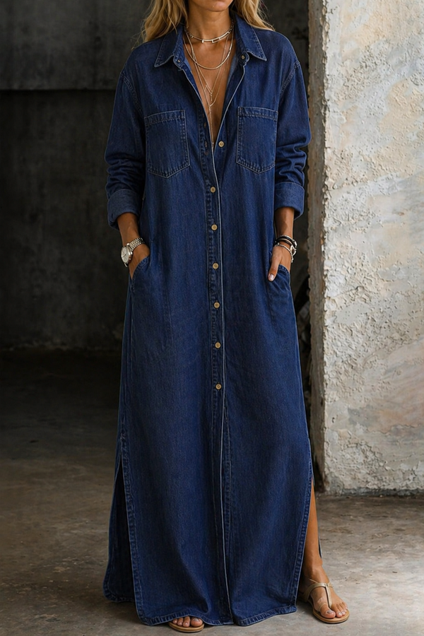 Noshina - Robe Longue en Denim À Boutons Sur Le Devant