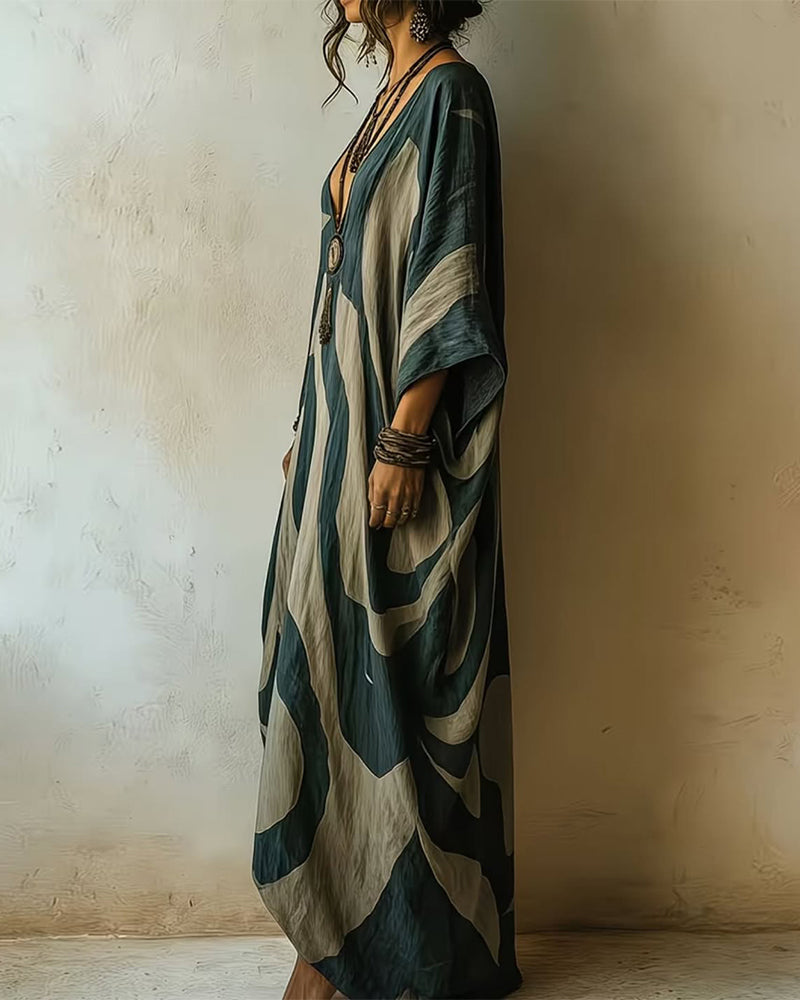 Valarien - Robe Longue Ample À Col en V Et Motif Abstrait