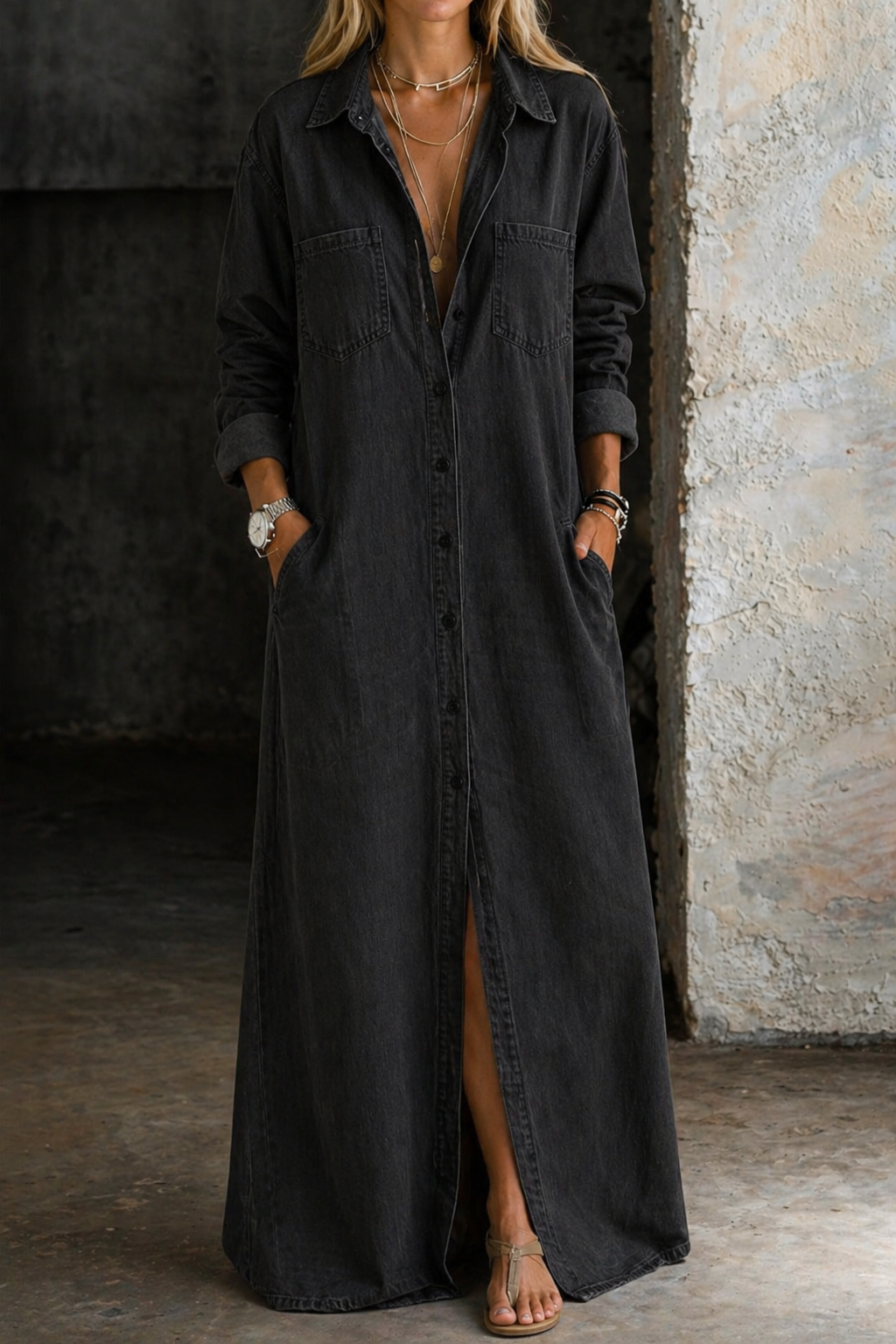Noshina - Robe Longue en Denim À Boutons Sur Le Devant