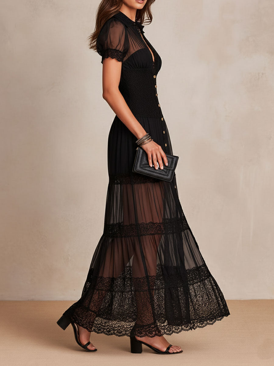 Charuek - Robe Longue en Dentelle Transparente À Boutons Sur Le Devant