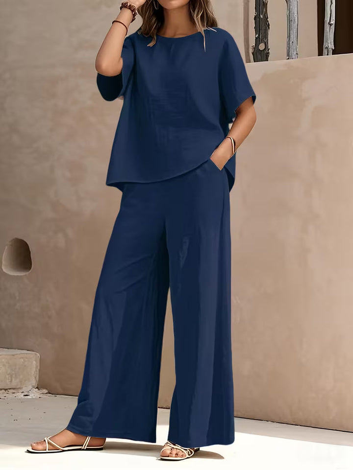 Josy - Ensemble Pantalon à Jambes Larges et Haut à Manches Courtes