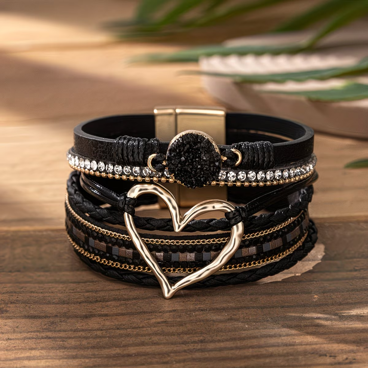 Reyn - Bracelet en Cuir Superposé Avec Breloque en Forme De Cœur