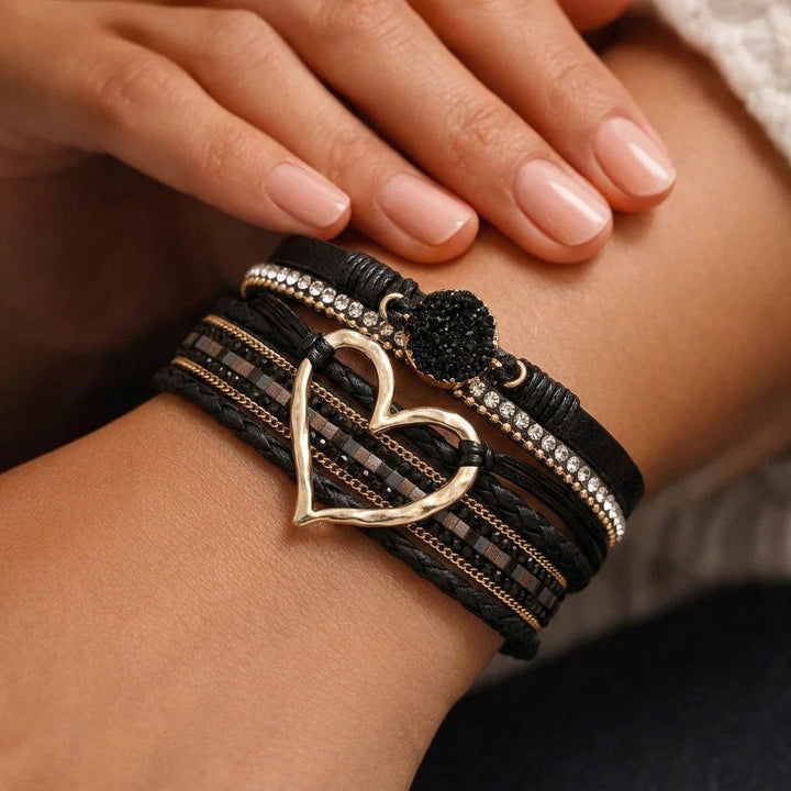 Reyn - Bracelet en Cuir Superposé Avec Breloque en Forme De Cœur