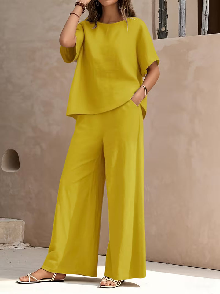 Josy - Ensemble Pantalon à Jambes Larges et Haut à Manches Courtes