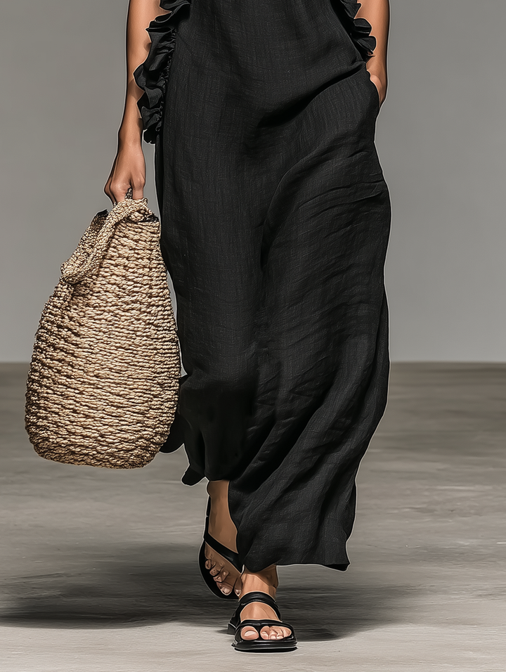 Fiora - Robe Longue Sans Manches À Volants, Col Licou Et Poches