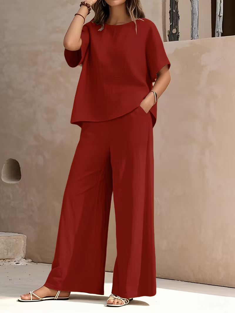 Josy - Ensemble Pantalon à Jambes Larges et Haut à Manches Courtes