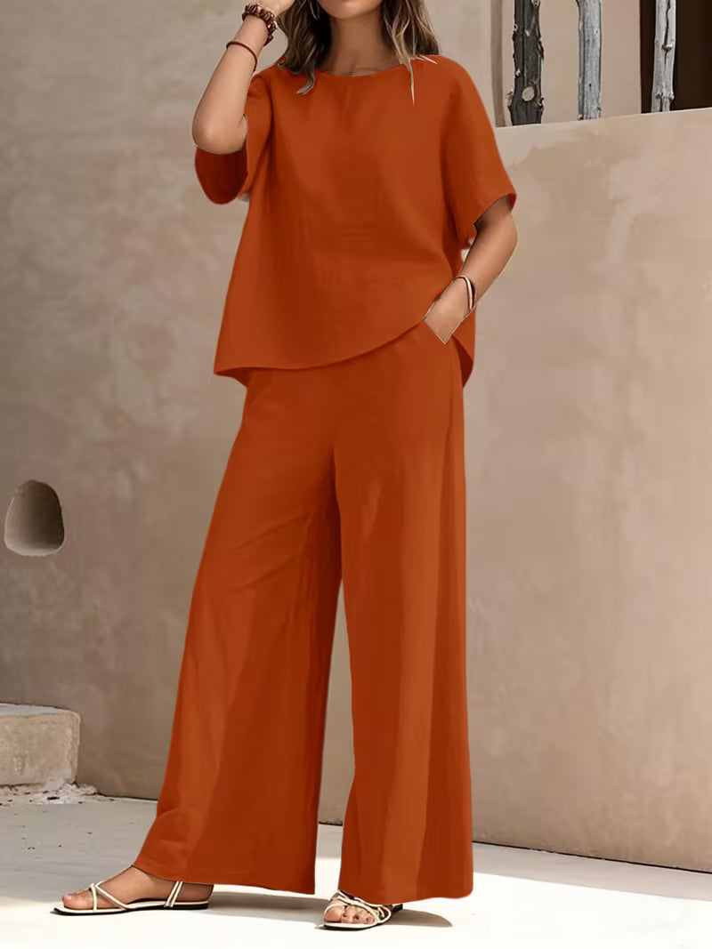 Josy - Ensemble Pantalon à Jambes Larges et Haut à Manches Courtes
