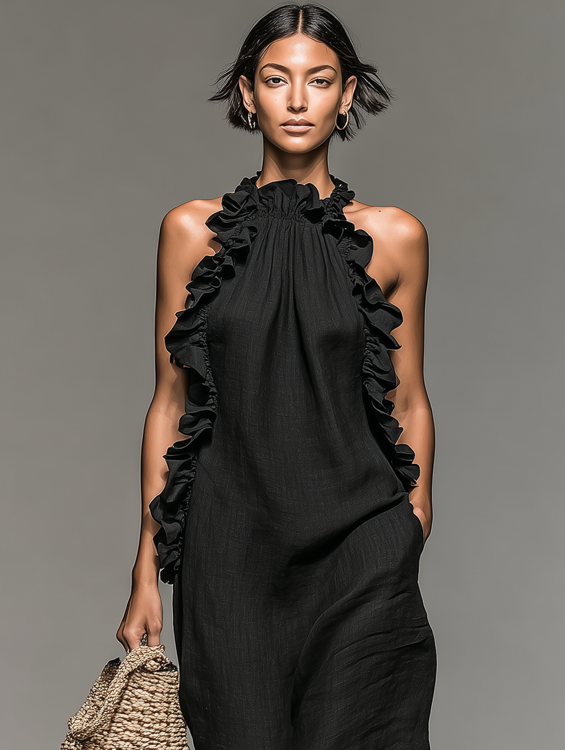 Fiora - Robe Longue Sans Manches À Volants, Col Licou Et Poches