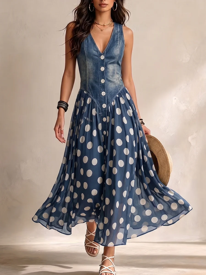 Vylina - Robe En Jean Avec Jupe En Mousseline à Pois