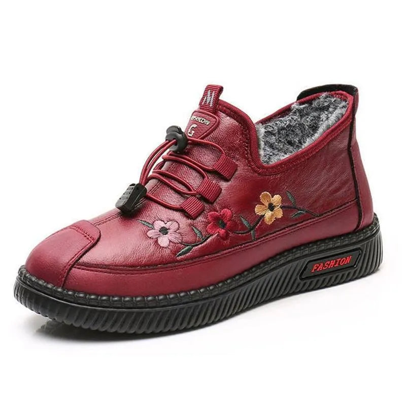 Jaruwan - Bottines à Bordure en Fourrure et Broderies Florales