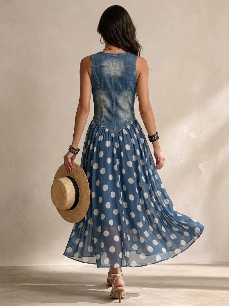 Vylina - Robe En Jean Avec Jupe En Mousseline à Pois