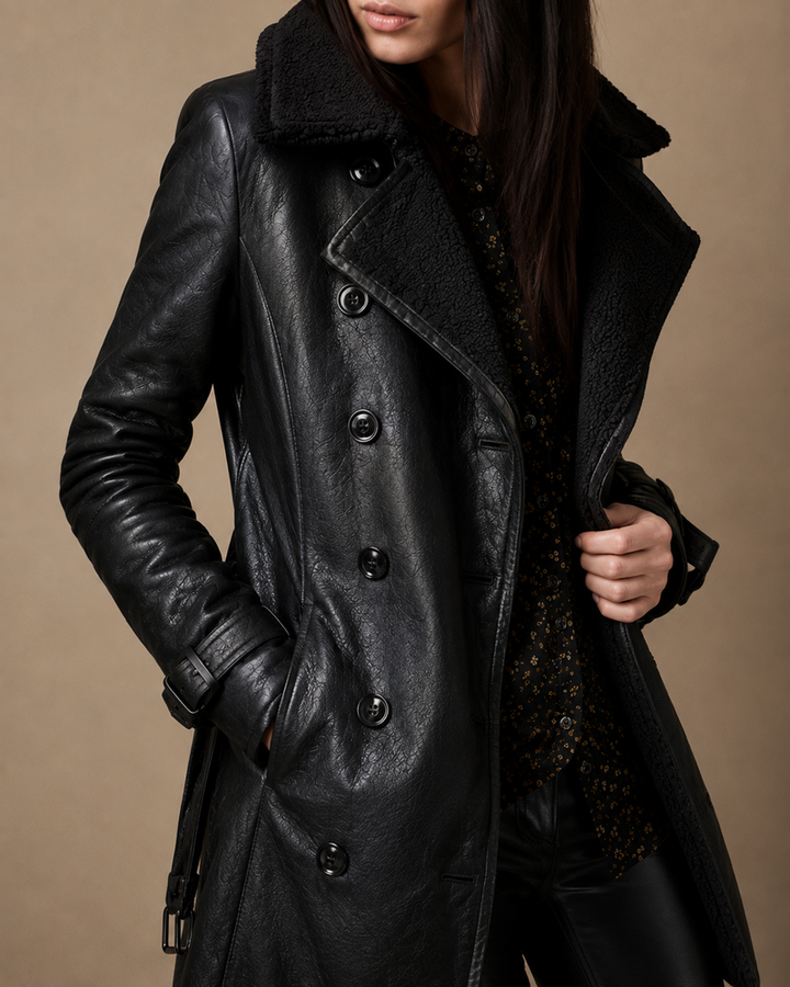 Seneti - Veste en Simili Cuir Avec Col en Fourrure