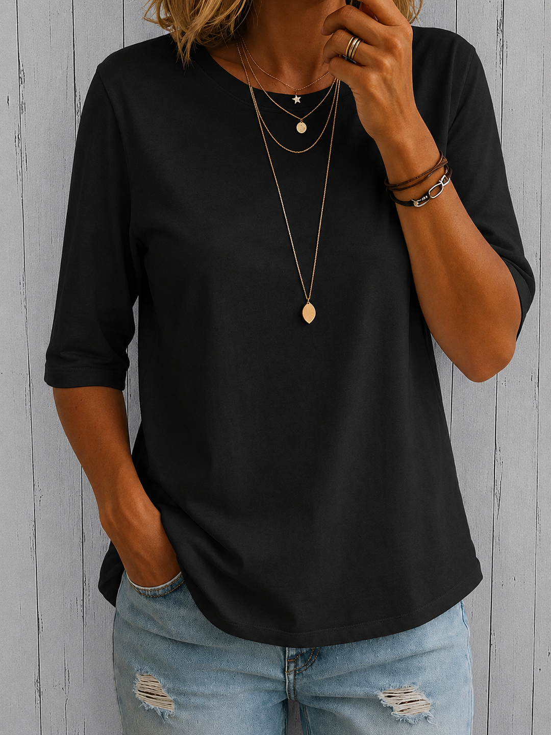 Arisa - T-Shirt à Col Rond et Manches Trois Quarts