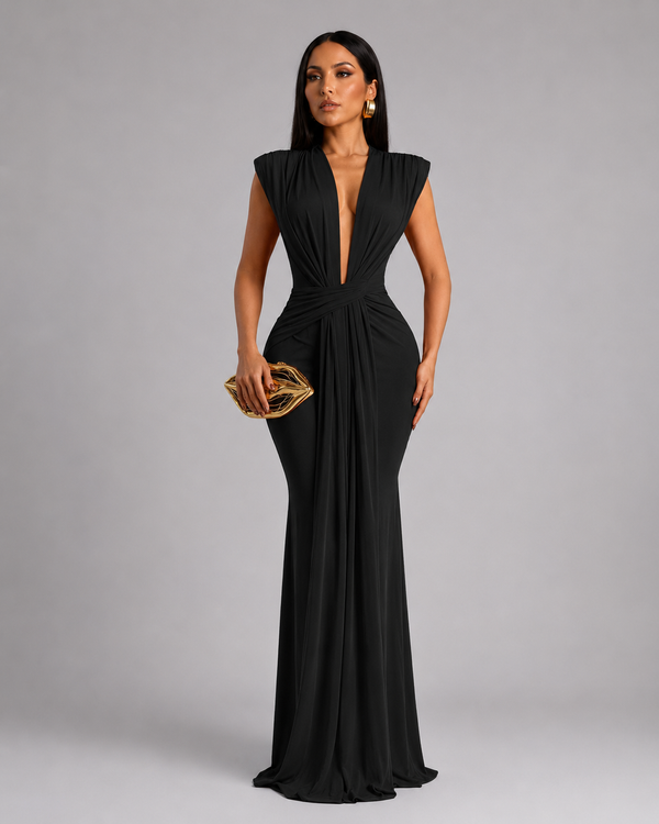 Femke - Robe Longue à Col en V et Fronces