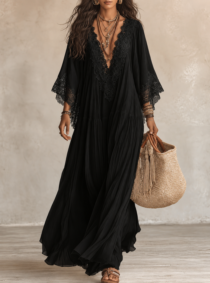 Ainura - Robe Longue en Mousseline Ivoire Et Dentelle