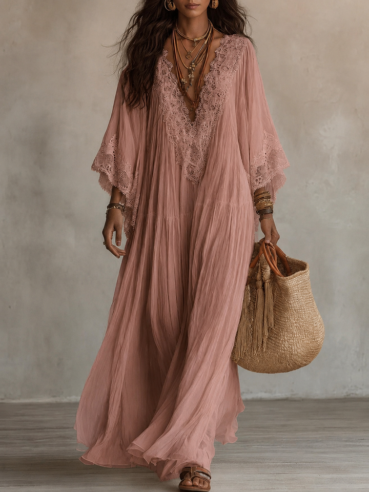 Ainura - Robe Longue en Mousseline Ivoire Et Dentelle