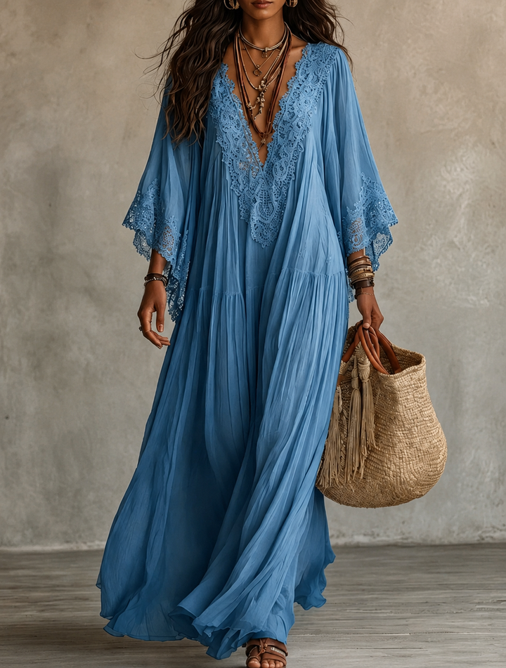 Ainura - Robe Longue en Mousseline Ivoire Et Dentelle