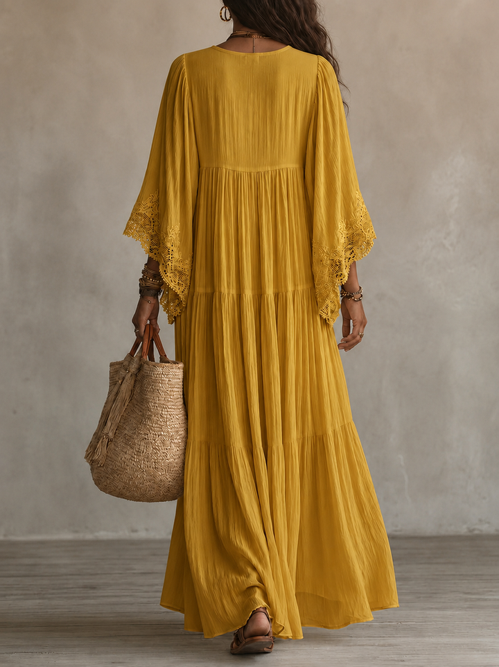 Ainura - Robe Longue en Mousseline Ivoire Et Dentelle