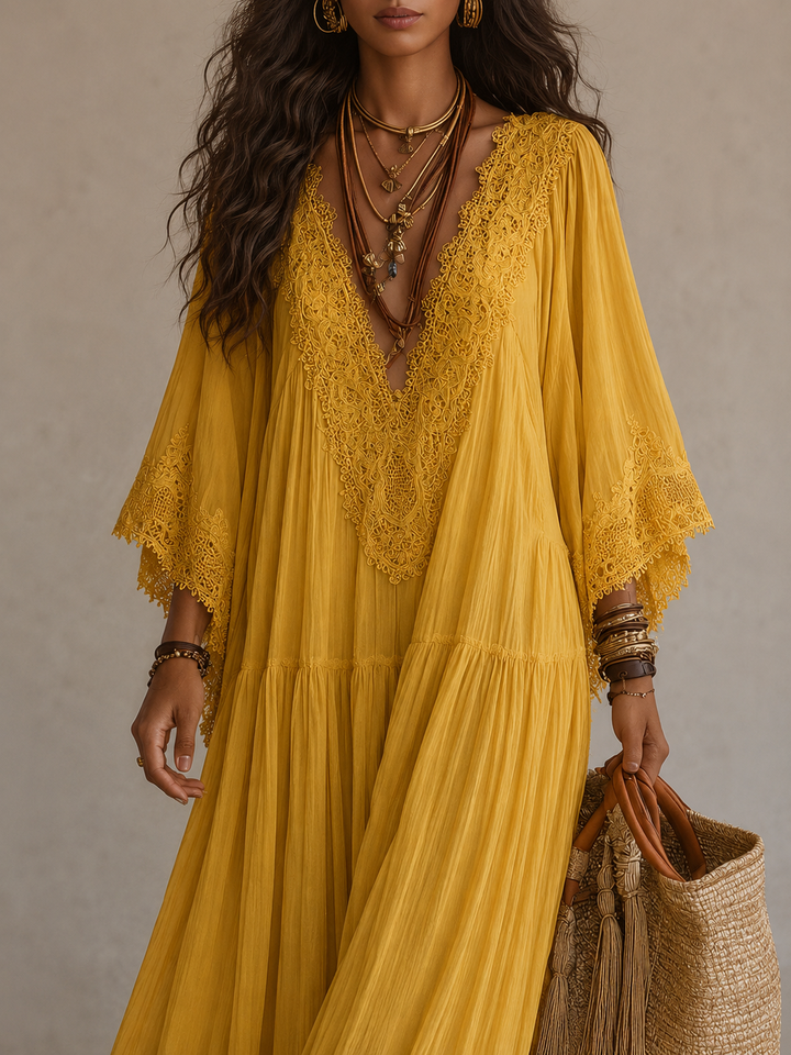 Ainura - Robe Longue en Mousseline Ivoire Et Dentelle