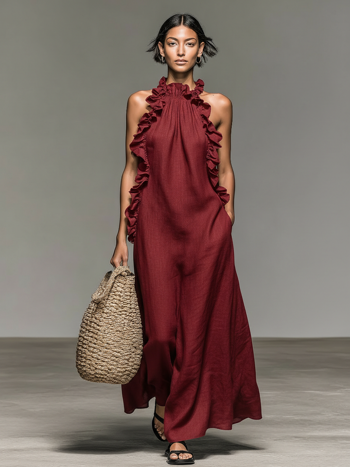 Fiora - Robe Longue Sans Manches À Volants, Col Licou Et Poches