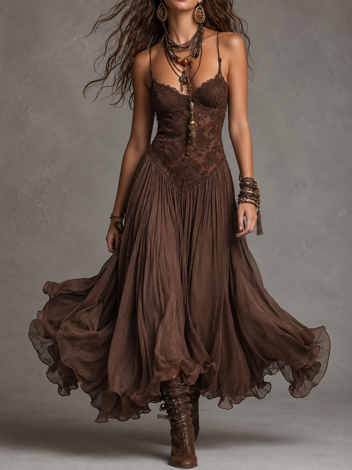 Serisha - Robe Longue Fluide À Corsage en Dentelle