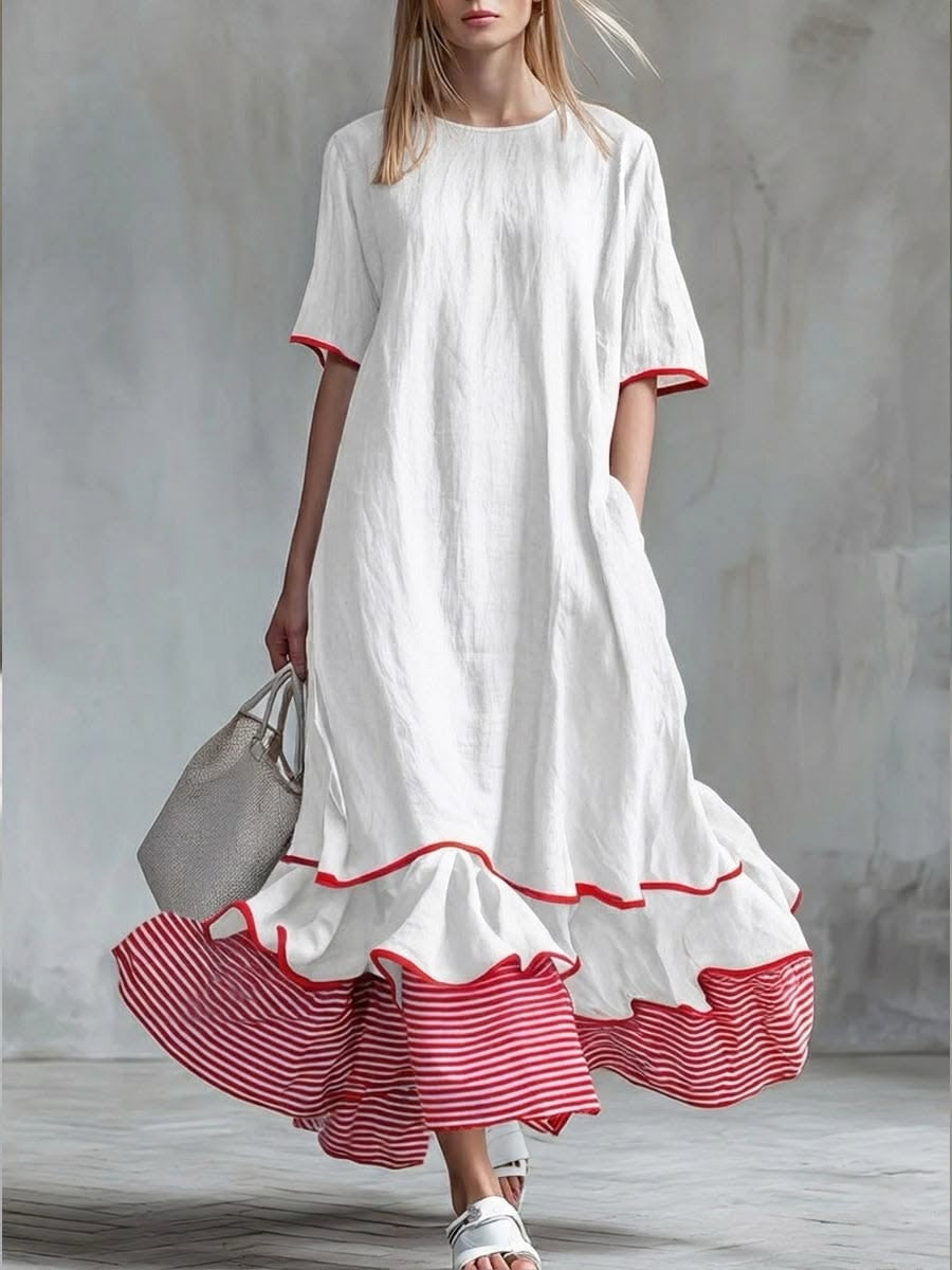 Behice - Robe Longue À Manches Courtes Et Volants Rayés Rouges