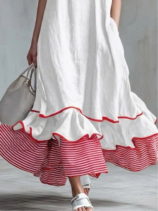 Behice - Robe Longue À Manches Courtes Et Volants Rayés Rouges