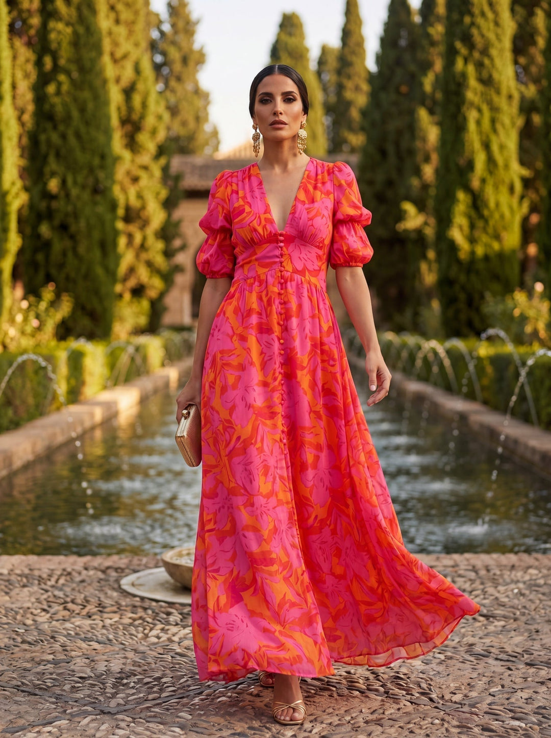Zinnia - Robe Longue À Motif Floral Et Encolure en V