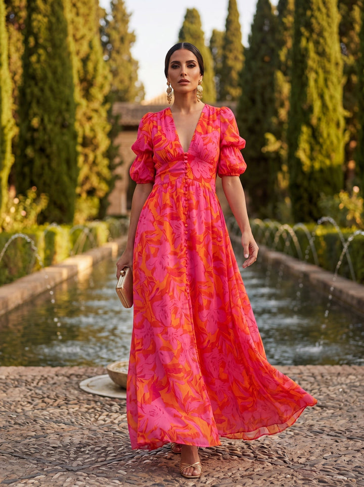 Zinnia - Robe Longue À Motif Floral Et Encolure en V
