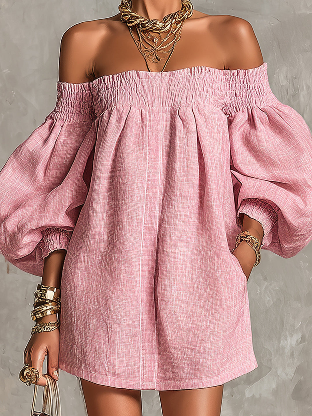 Rewina - Mini-Robe À Épaules Dénudées Et Manches Lanterne