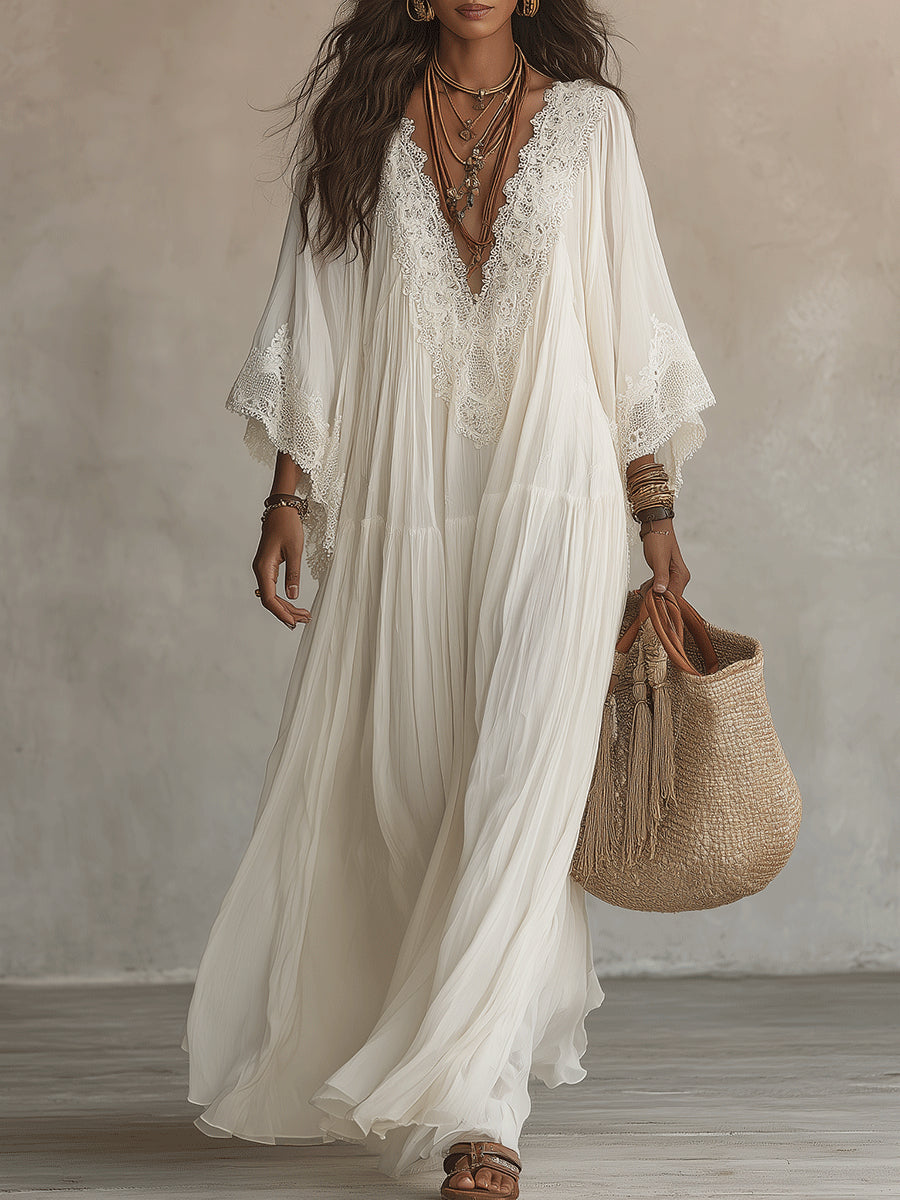 Ainura - Robe Longue en Mousseline Ivoire Et Dentelle