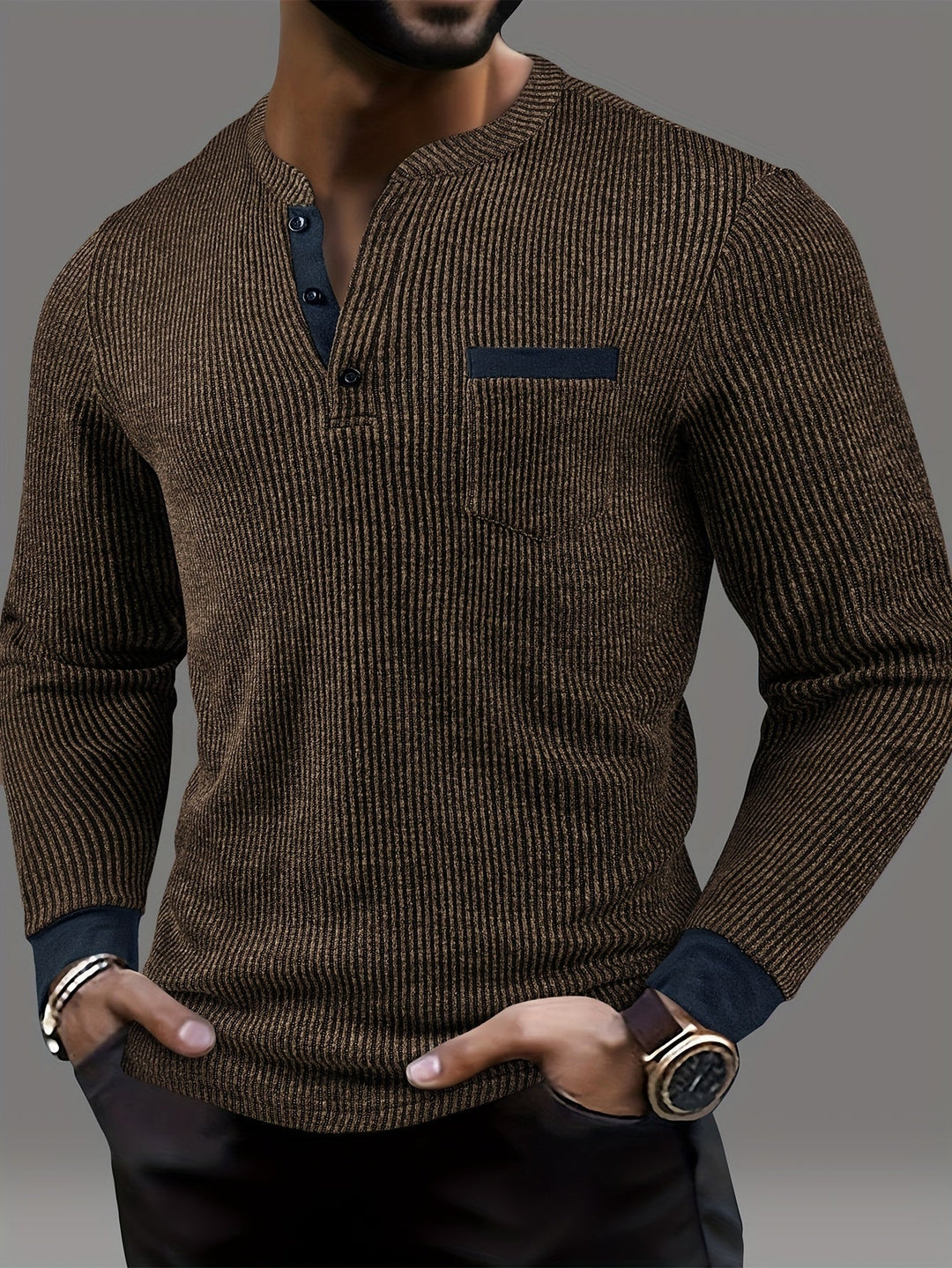 Deegan - Chemise Henley À Manches Longues Et Col Rayé Texturé