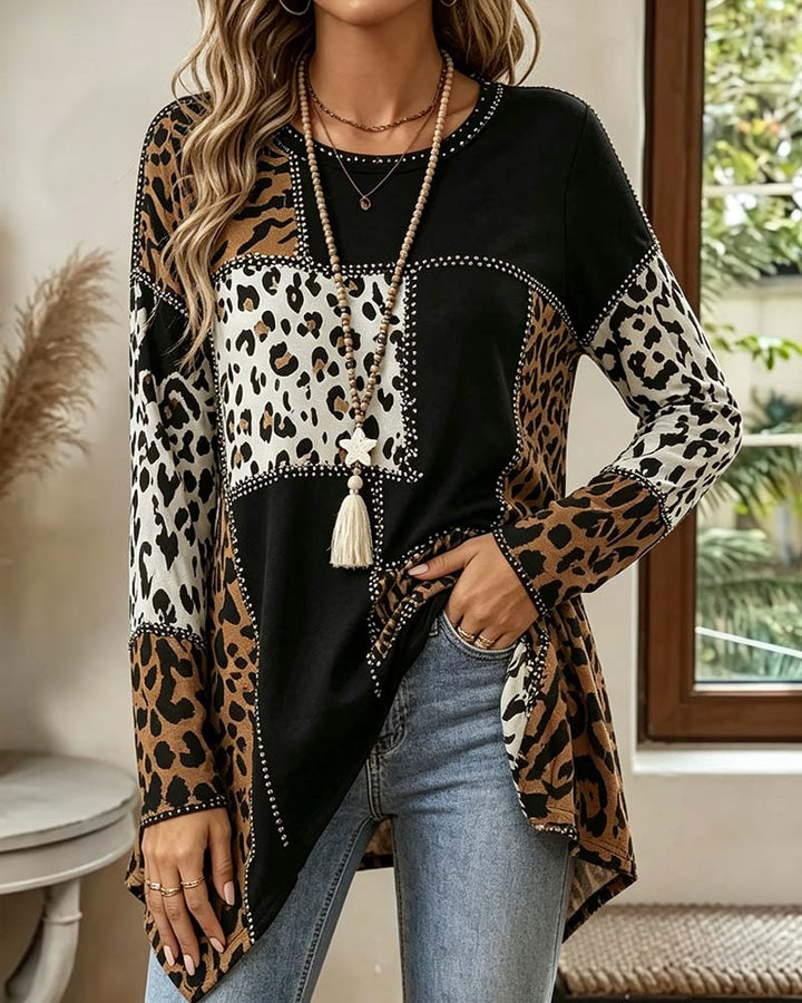 Niriza - Chemisier À Imprimé Léopard en Patchwork Asymétrique