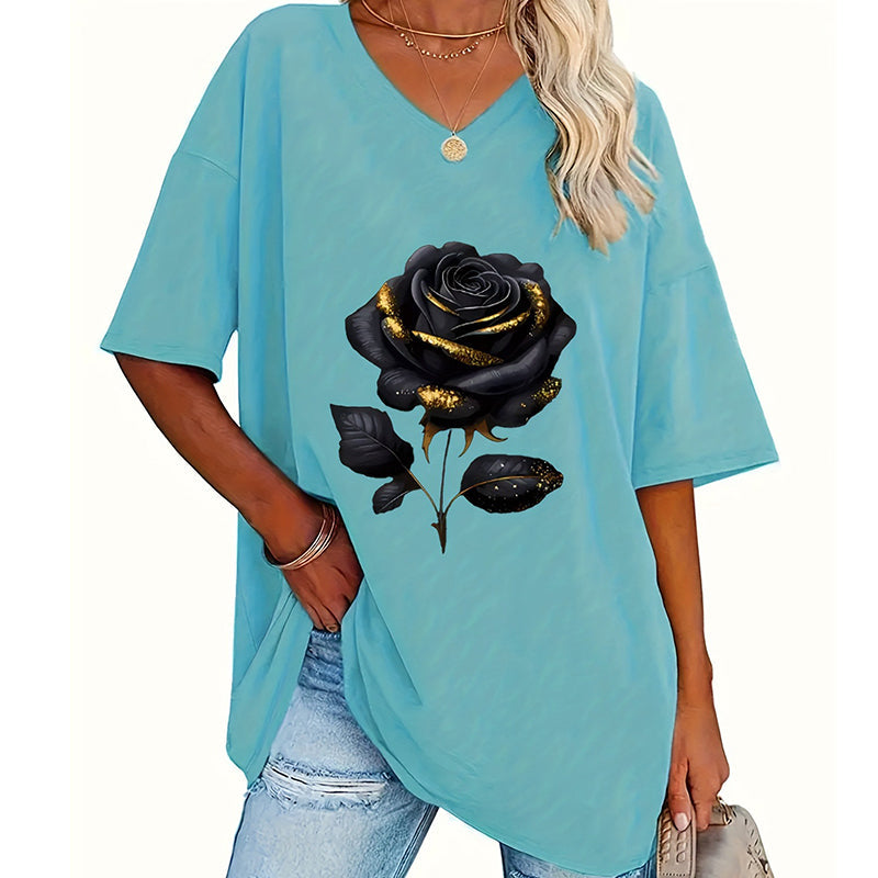 Aijia - T-chemise À Col en V Imprimé Roses
