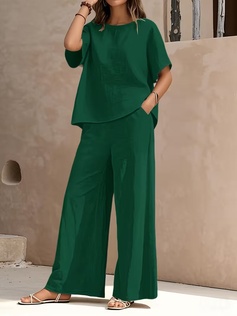 Josy - Ensemble Pantalon à Jambes Larges et Haut à Manches Courtes